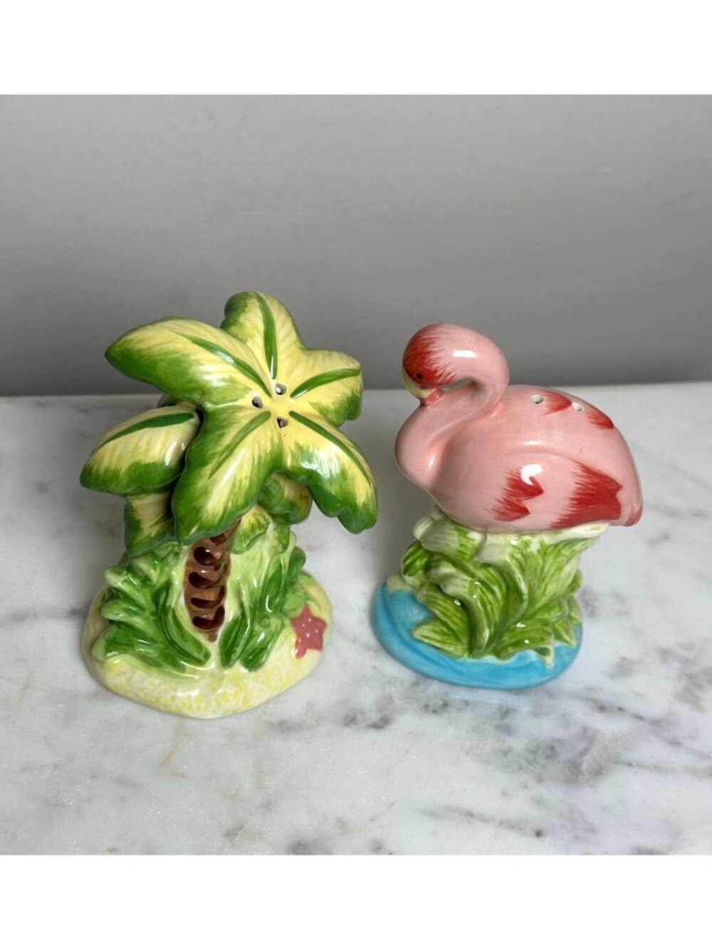 Pink Flamingo Palm Tree Salt & Pepper Shaker Set Ceramic Tropical Beach Home Co